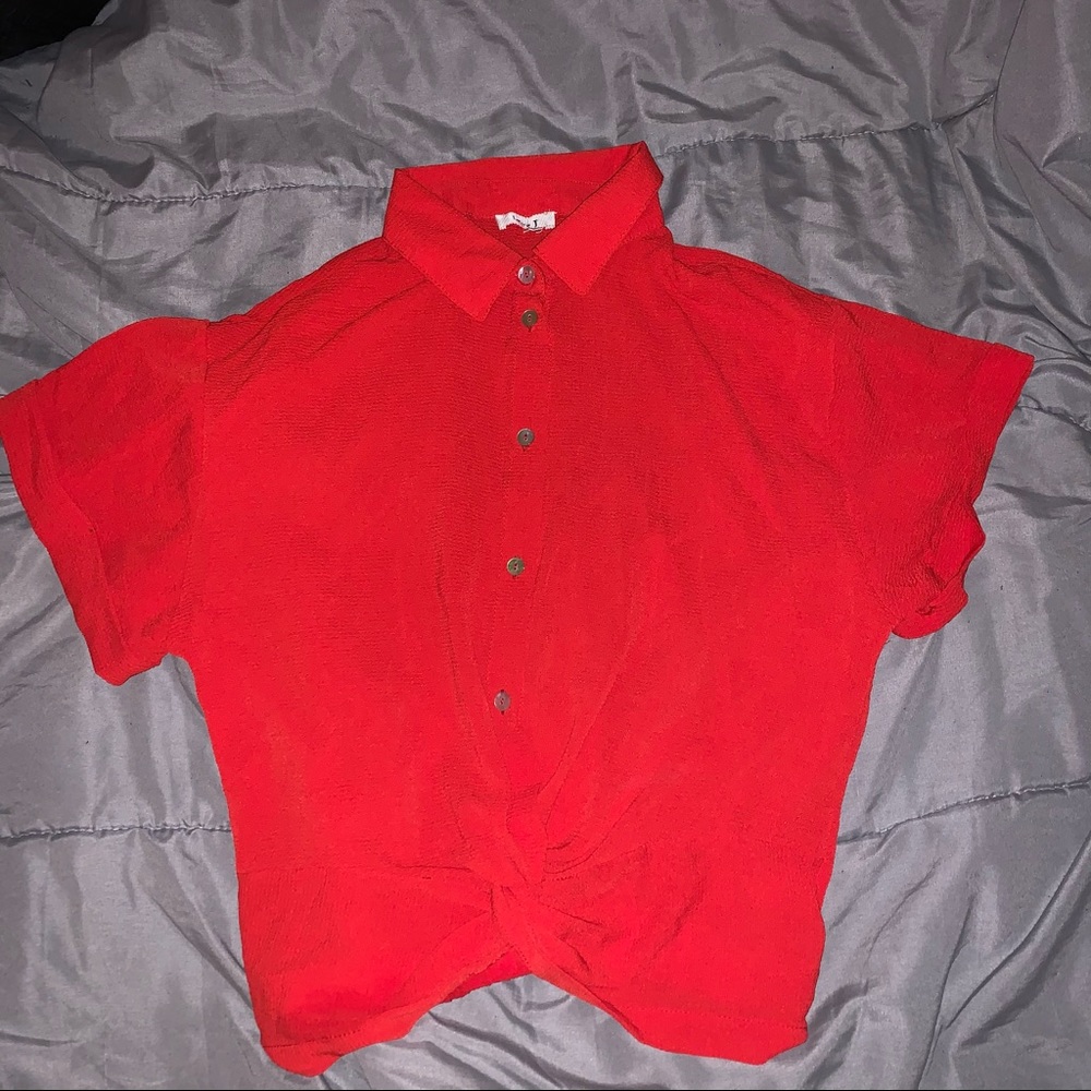 Red cropped button up collared shirt